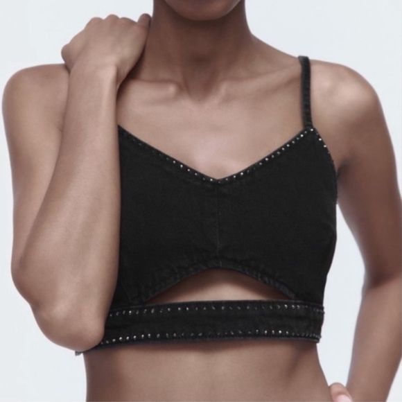 ZARA RHINESTONE DENIM CUT OUT GRAY CROP TOP - Picture 1 of 9